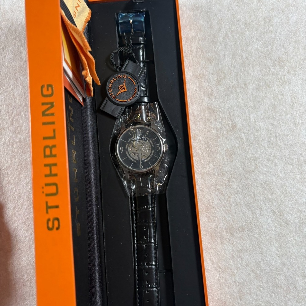 Stuhrling Original Skeleton Automatic Mens Watch Leather Strap Box & Papers